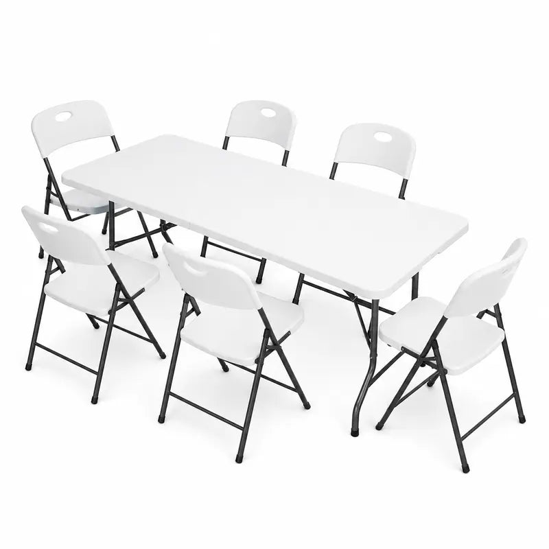 6FT Folding Table Set with 8 Chairs, White