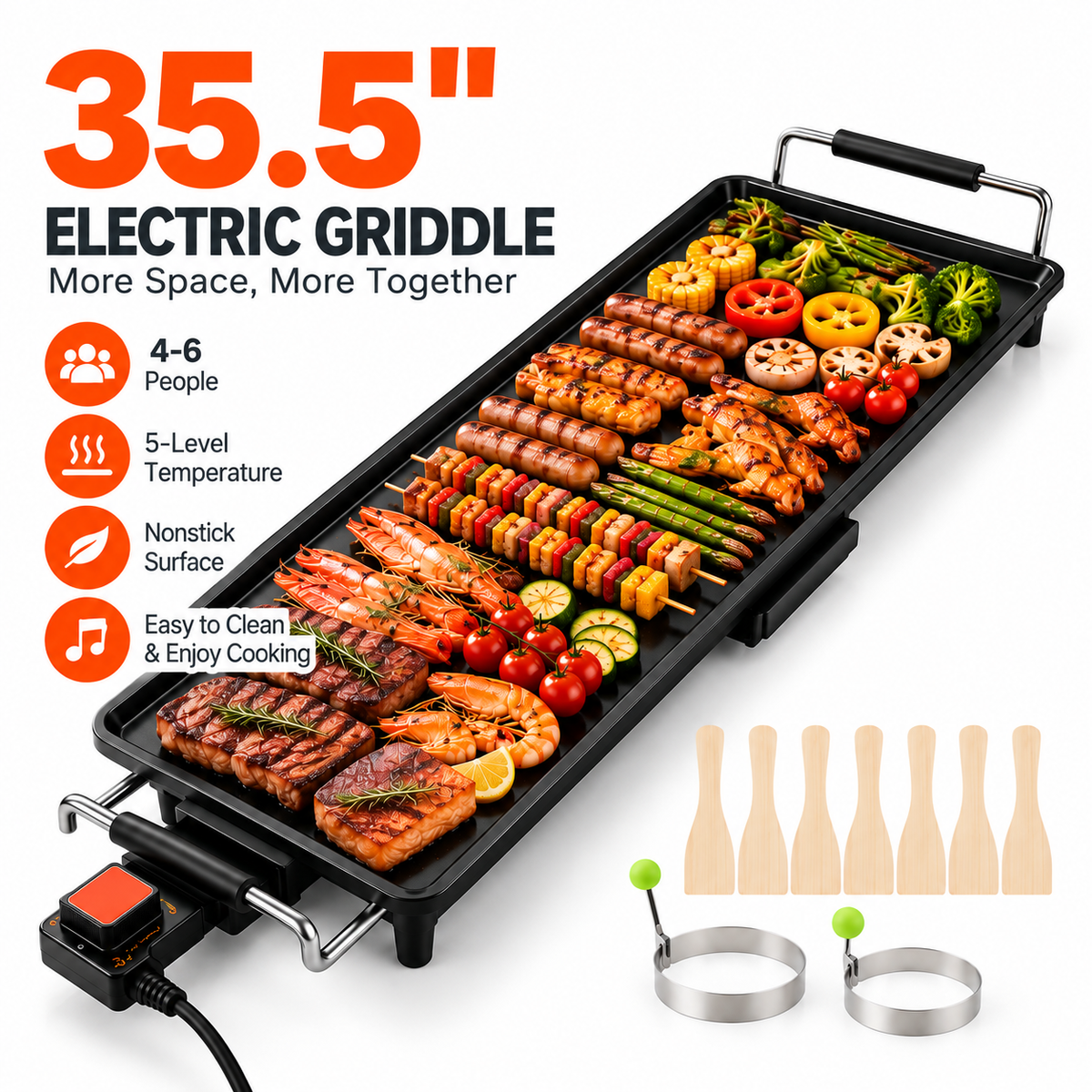 35.5" Extra Large Electric Griddle | 2000W Nonstick Tabletop Grill