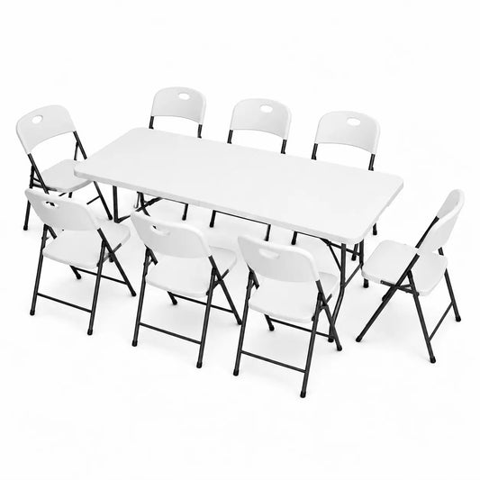 6FT Folding Table Set with 8 Chairs, White